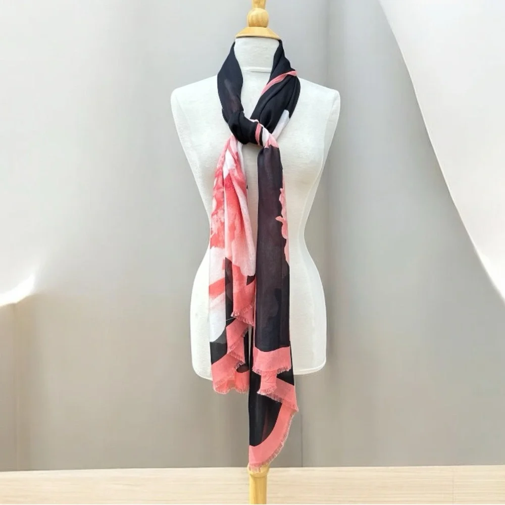 Pink & Black Floral Scarf Wrap Shawl Frayed Edge Lightweight 72 x 25
